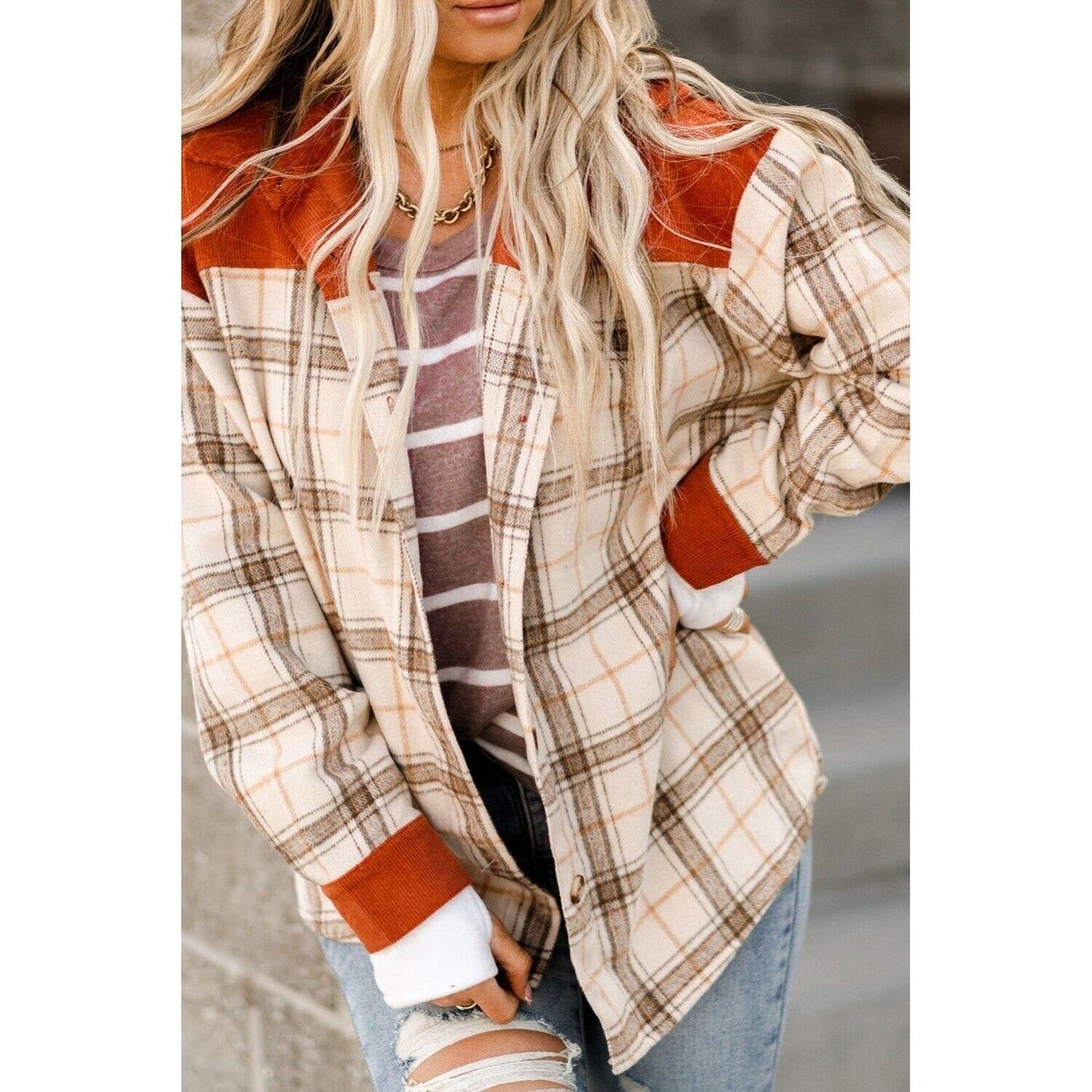 Joy & Kate Orange Contrast Corduroy Plaid Shacket