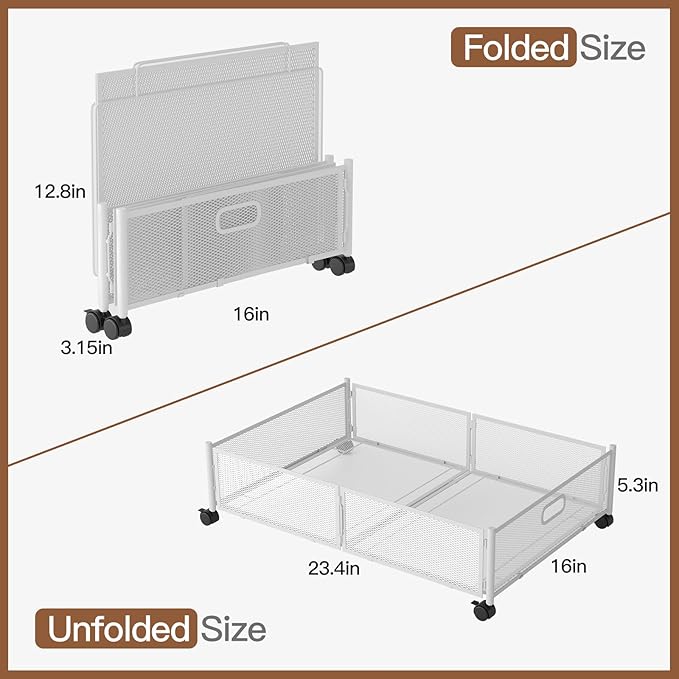 Under Bed Storage with Wheels, Under the Bed Foldable Sturdy Metal Mesh Shoe Storage Containers, Tool-free Assembly Under Bed Clothes Drawer Organizer