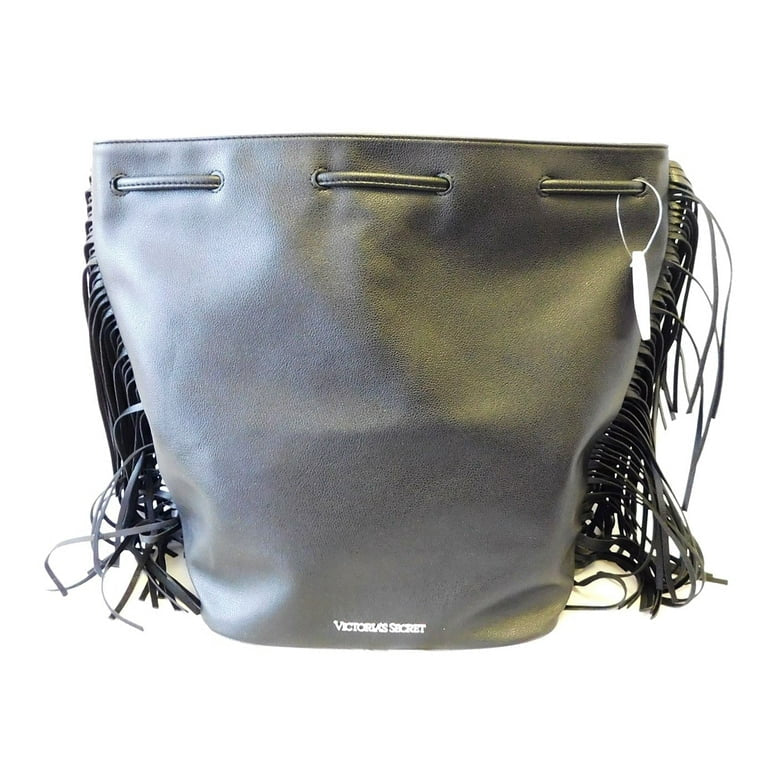 VICTORIA'S SECRET Black Fringed Drawstring Backpack $85 NWT