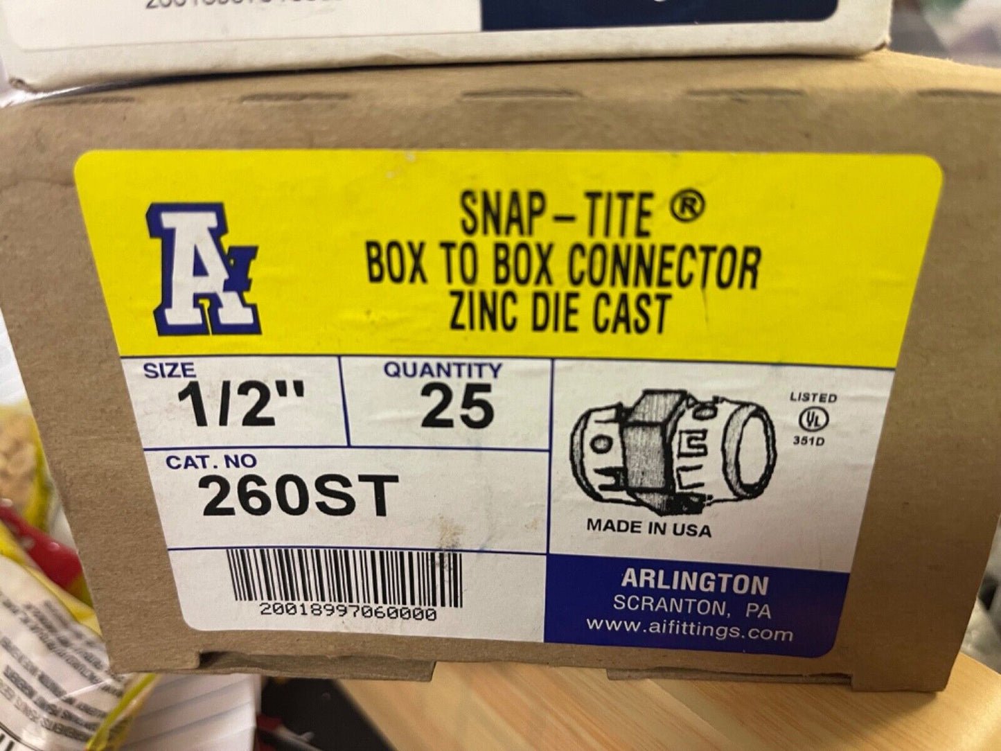 ARLINGTON 260ST 1/2" Box to Box Snap-Tite zinc die cast connecters box Of 25