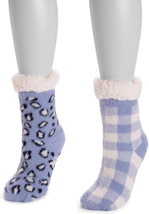 Muk Luks Women's Cabin Cozy Sock 2 Pairs Purple Polka Dots Pair Dot Plaid L/XL