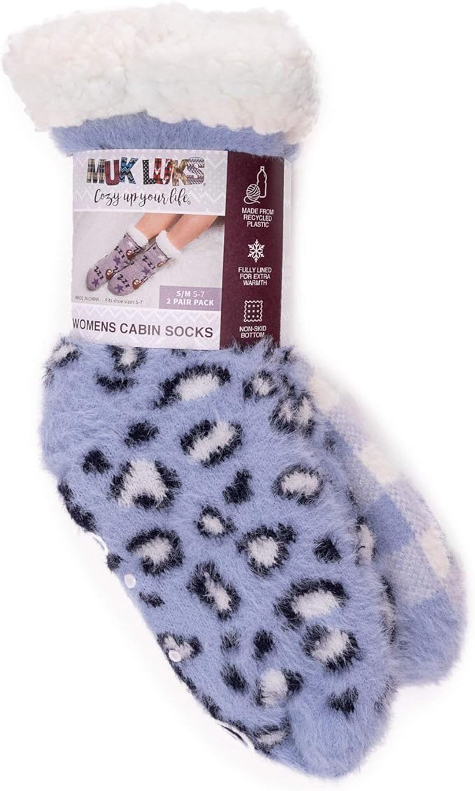 Muk Luks Women's Cabin Cozy Sock 2 Pairs Purple Polka Dots Pair Dot Plaid L/XL
