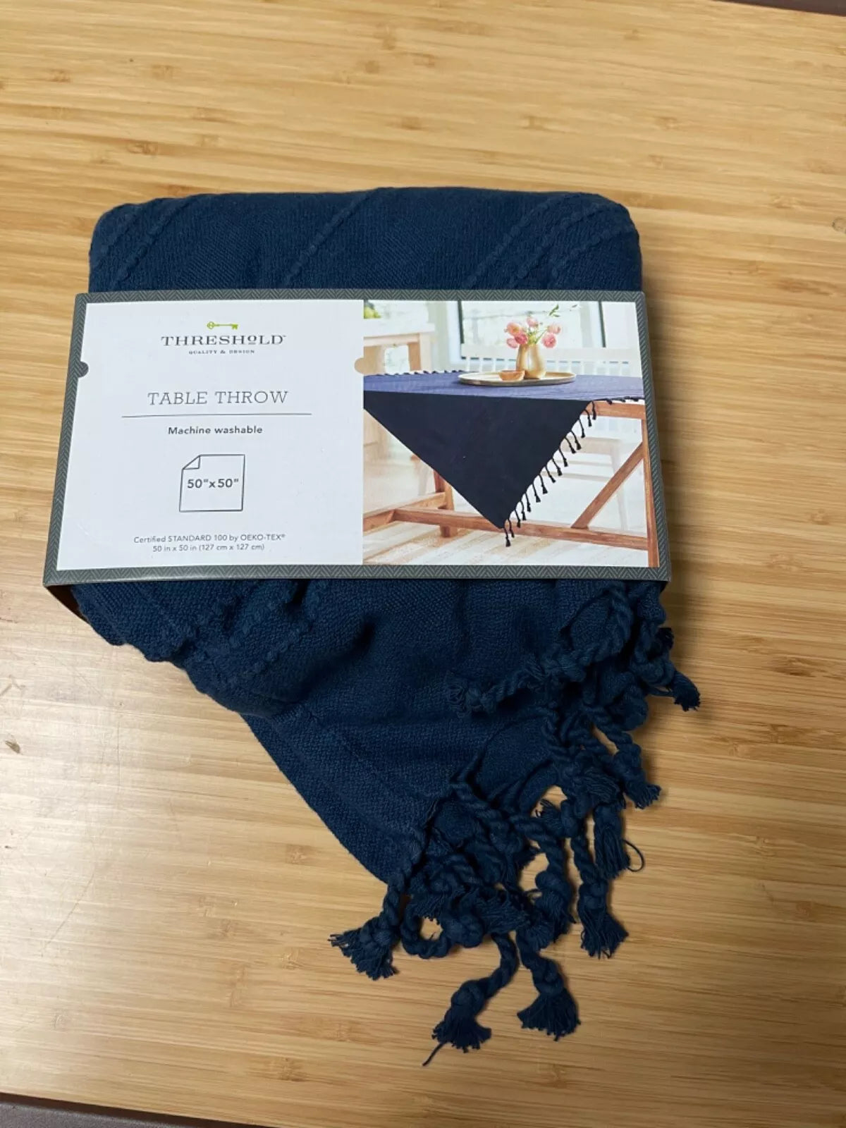 Threshold 100% Cotton Dark Navy Blue Table Throw with Fringe 50" x 50"
