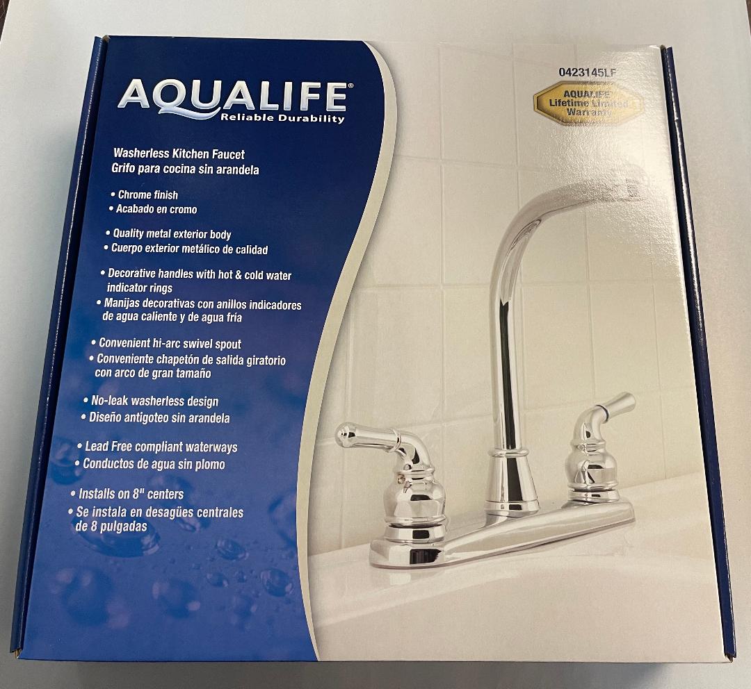 Aqualife Two Handle Hi Arc Washerless Kitchen Faucet Chrome 0423145LF