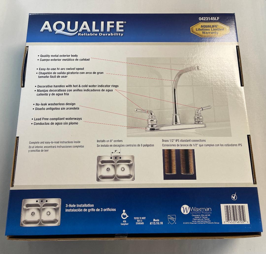 Aqualife Two Handle Hi Arc Washerless Kitchen Faucet Chrome 0423145LF