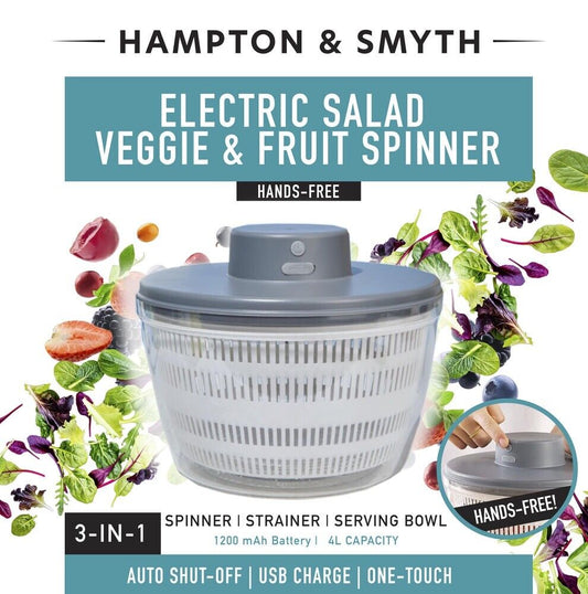 Hampton & Smyth OneTouch Electric 3-in-1 salad Spinner Brand New