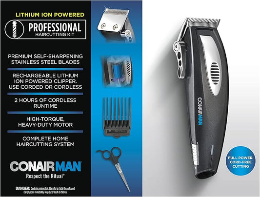 ConairMAN Hair Clippers for Men, 20-Piece Home Hair Cutting Kit with Lithium Ion Powered Cordless Clipper