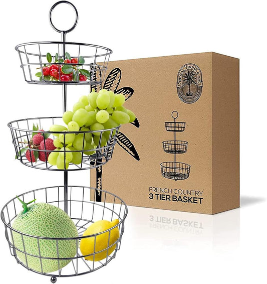 Chrome 3 Tier Fruit Basket Regal trunk & Co, Elegant French Country Wire Baskets, Three Tiered Wire Basket Stand for Vegetables, Bread & More for Countertop or Hanging