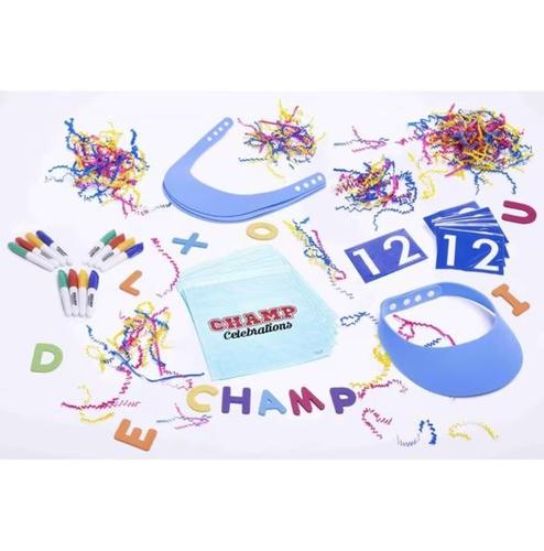 Machrus Champ Celebrations DIY Art & Craft Sports Activity Set w/ 8 Visors, Colorful Foam Alphabet Stickers, Markers, Pencils, Varsity Numbers, Game Cards & Favor Bags - Game Party Set for Crafty Boys & Girls