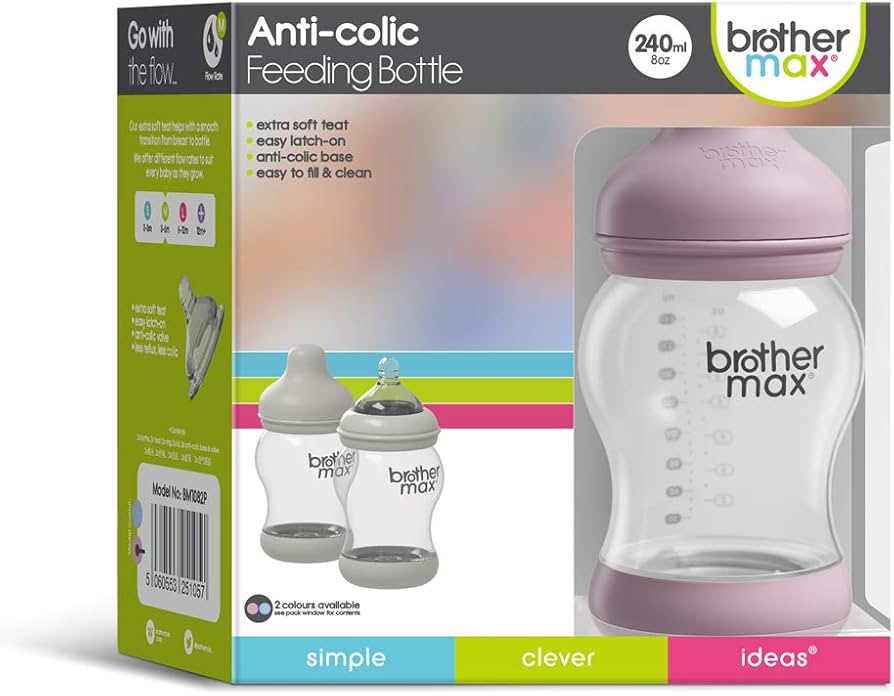 Brother Max Baby Bottles, Anti-Colic Breast-Milk Feeding Bottles, Breast-Like Nipple for Natural Latch, BPA-Free Pink, 8oz 2 Count