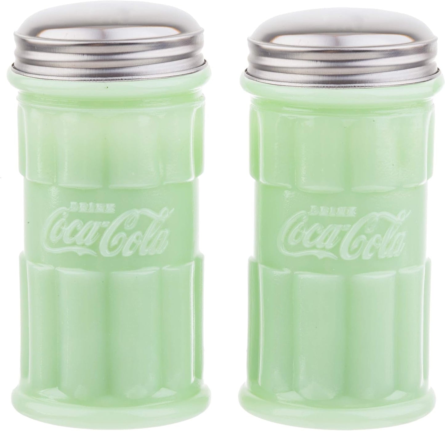 TableCraft's Coca-Cola Jadeite Salt & Pepper Shakers 2.5 x 2.5 x 4.75", Green Jadeite