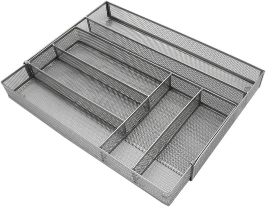 Grey Expandable Mesh Metal Cutlery Tray, 6 Compartments Kitchen Drawer Organizer for Utensil Flatware Dividers Cutlery