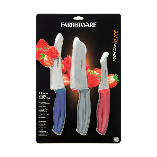 Farberware Precise Slice Utility Kitchen Knife Set, 3 Piece, Razor Sharp Knives with Ergonomic Handles, Multicolor