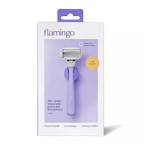 Flamingo Women's 5 Blade Shaving Razor (1 Handle / 2 Cartridges + Shower Holder)