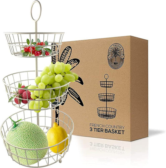 White 3 Tier Fruit Basket Regal trunk & Co, Elegant French Country Wire Baskets, Three Tiered Wire Basket Stand for Vegetables, Bread & More for Countertop or Hanging