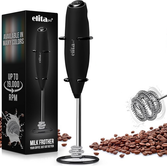 ELITAPRO ULTRA-HIGH SPEED Triple Whisk Milk Frother - “Tornado” effect Handheld Foam Maker & Drink Mixer - Frother Wand for Matcha, Coffee, Latte, Cappuccino, Hot Chocolate (Black Triple Whisk)