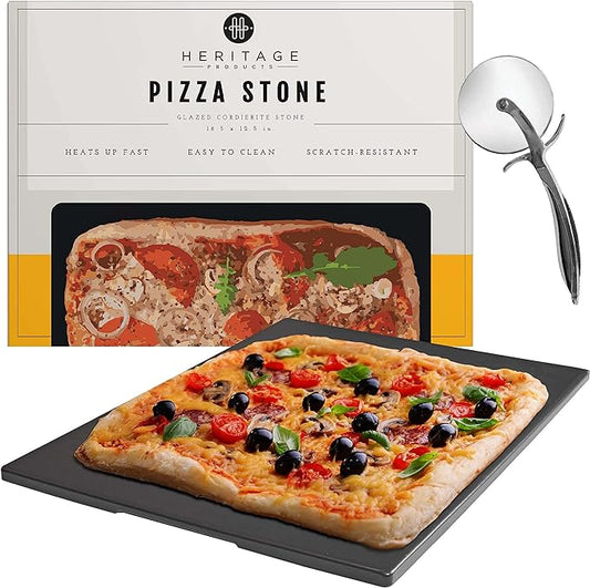 Heritage Square Pizza Stone - Pizza & Bread Baking Stones For Gas Grill, Oven Baking - Black Ceramic Pan, Stainless, No-Smoke - Wheel Pizza Cutter