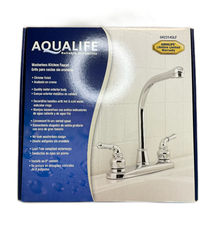 Aqualife Two Handle Hi Arc Washerless Kitchen Faucet Chrome