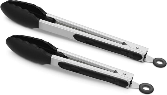 2 Pack Black Kitchen Tongs, Premium Silicone BPA Free Non-Stick Stainless Steel BBQ Cooking Grilling Locking Food Tongs, 9-Inch & 12-Inch