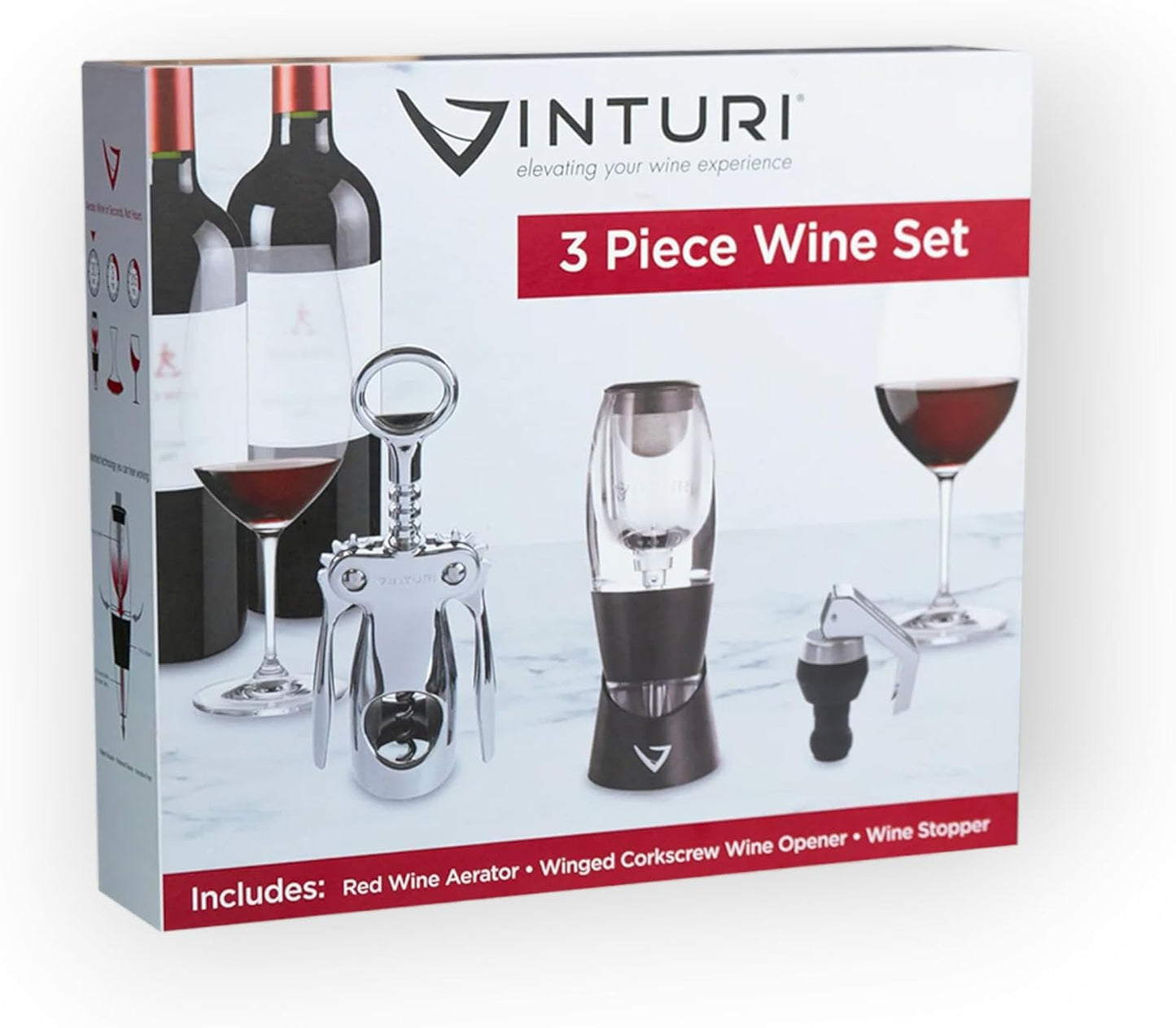 Vinturi Red Wine Aeroator 3 Piece Wine Set Enhancing Flavors with Smoother Finish, Black, Regular, Black/Silver